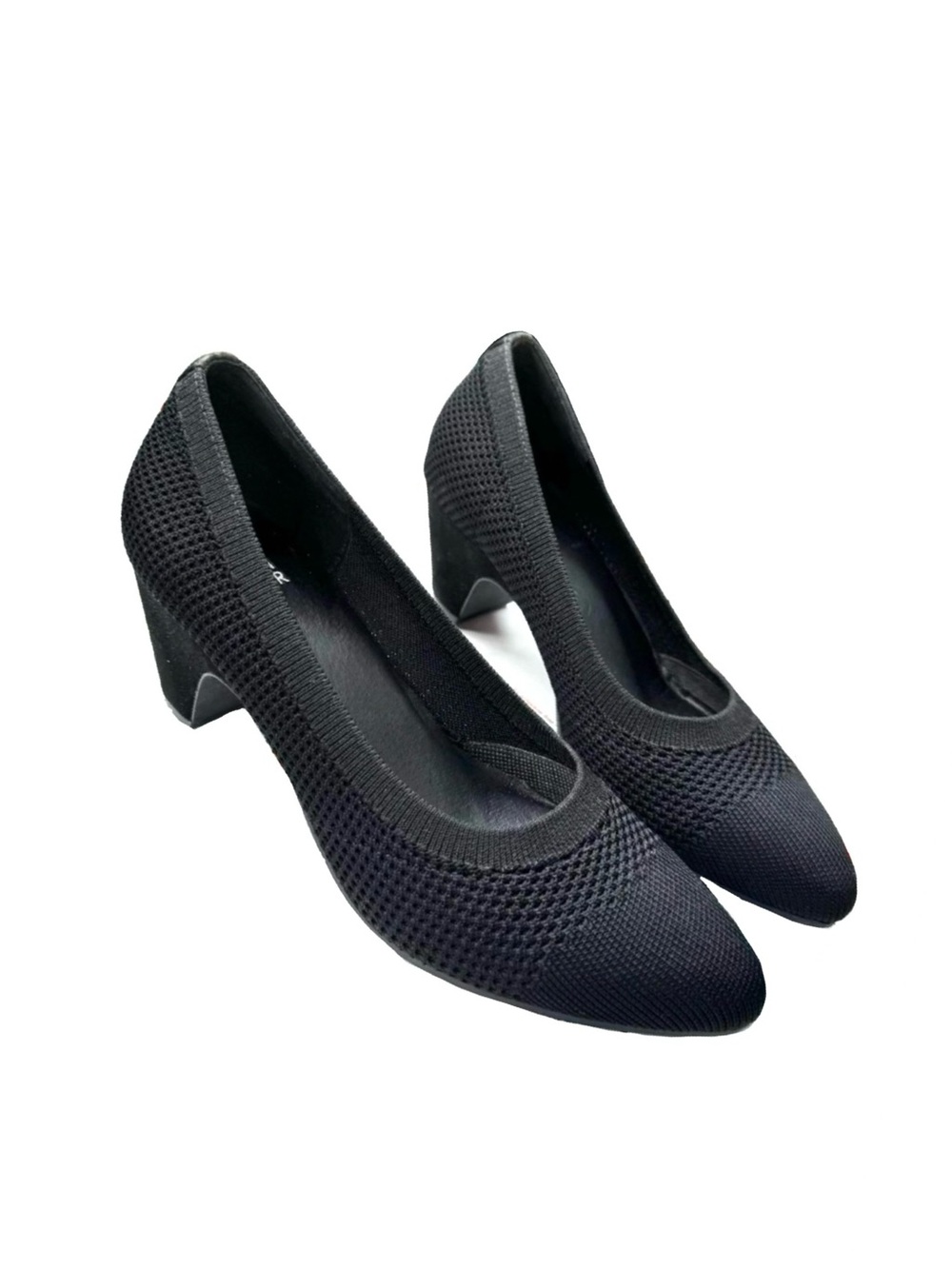 Eileen Fisher Kiss Stretch Knit Black Pump  with Almond Toe and Block Heel 7.5